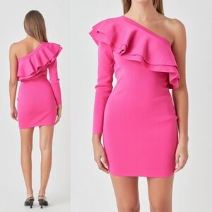 Endless Rose Anthropologie Bodycon Ruffle One Shoulder Knit Mini Dress XS‎